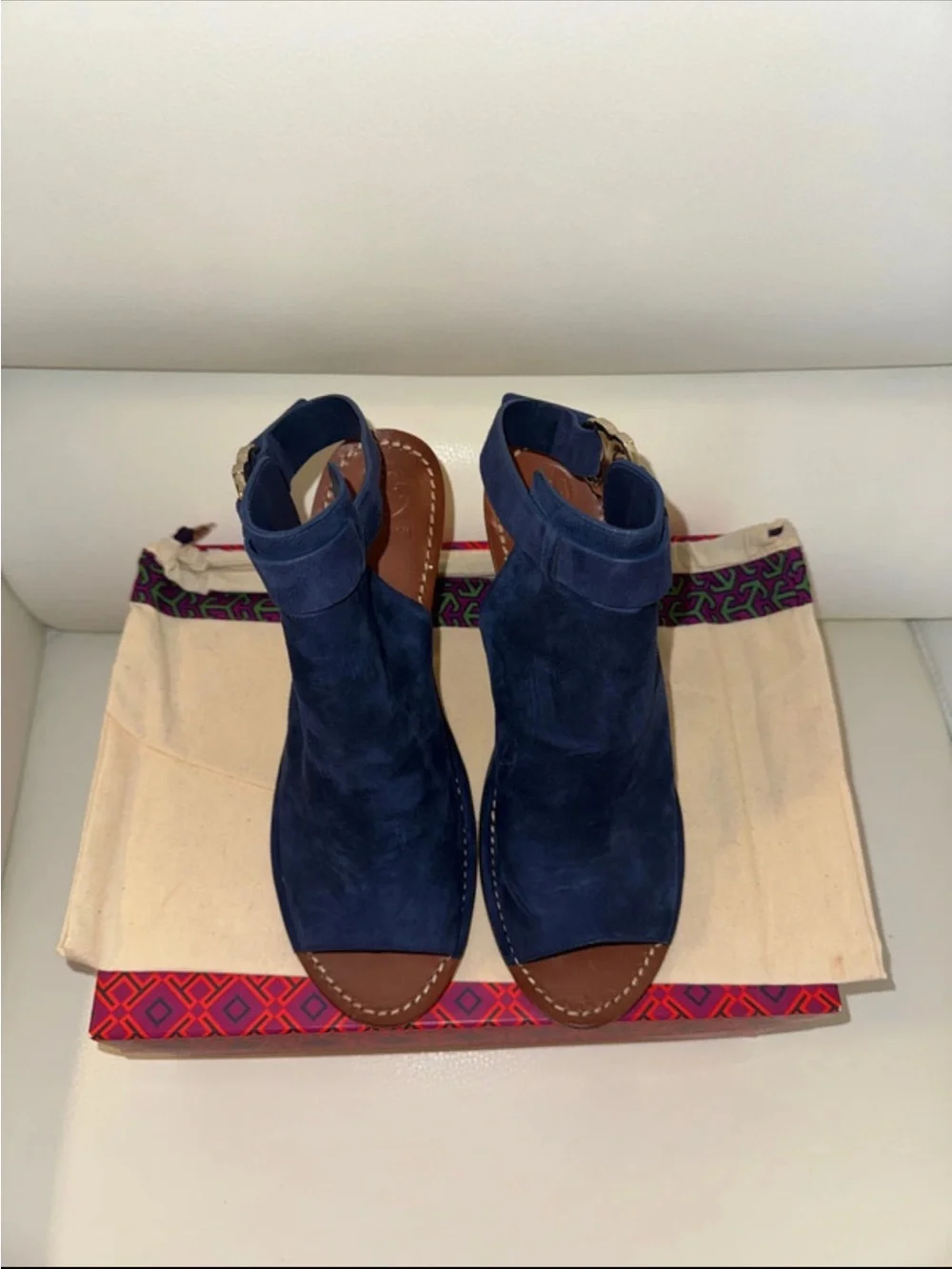 TORY BURCH NAVY SUEDE OPEN TOE BLOCK HEELS